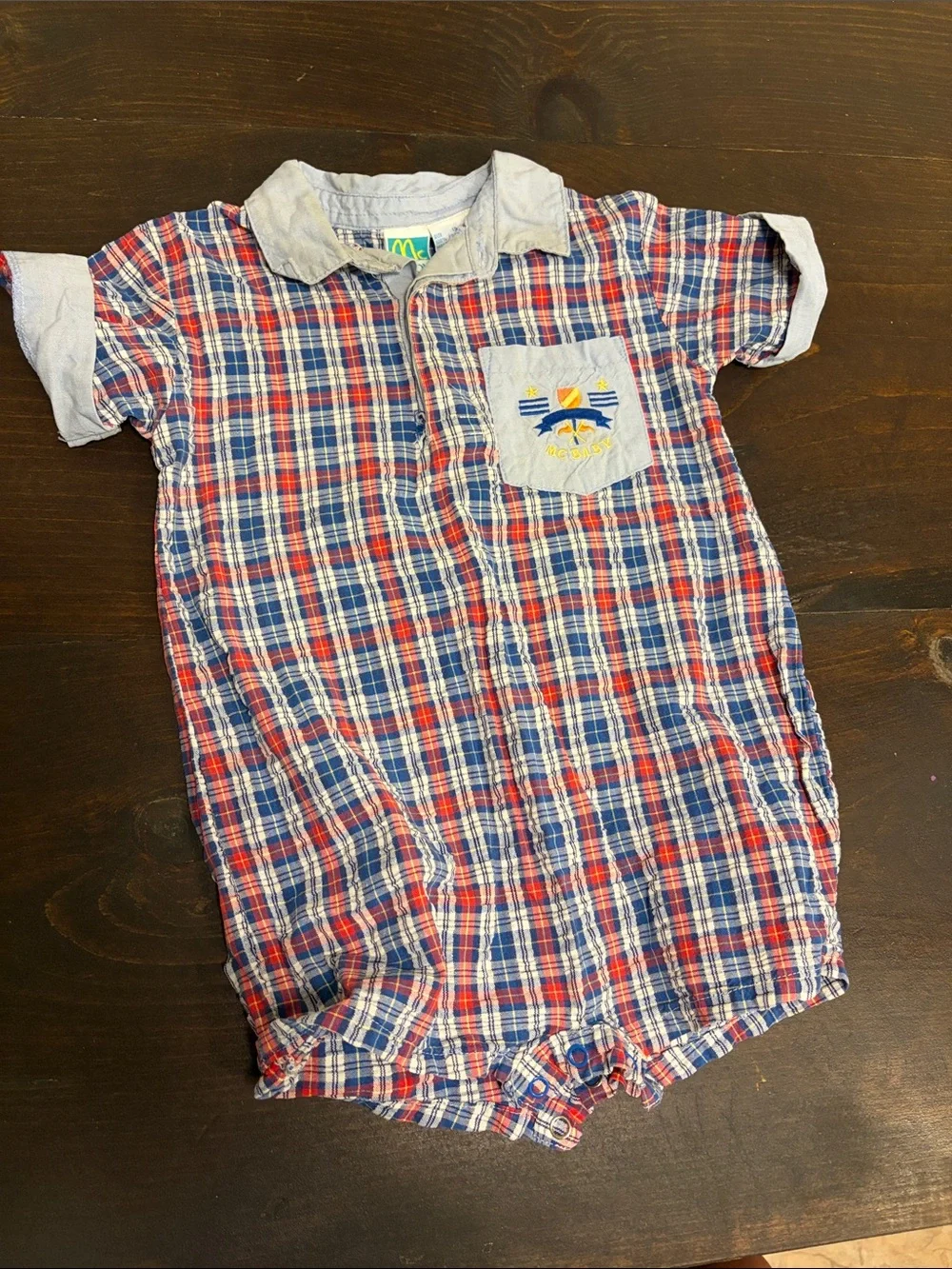 Vtg Mcbaby Red & Navy Plaid Shortall with Contrast Collar 18 months